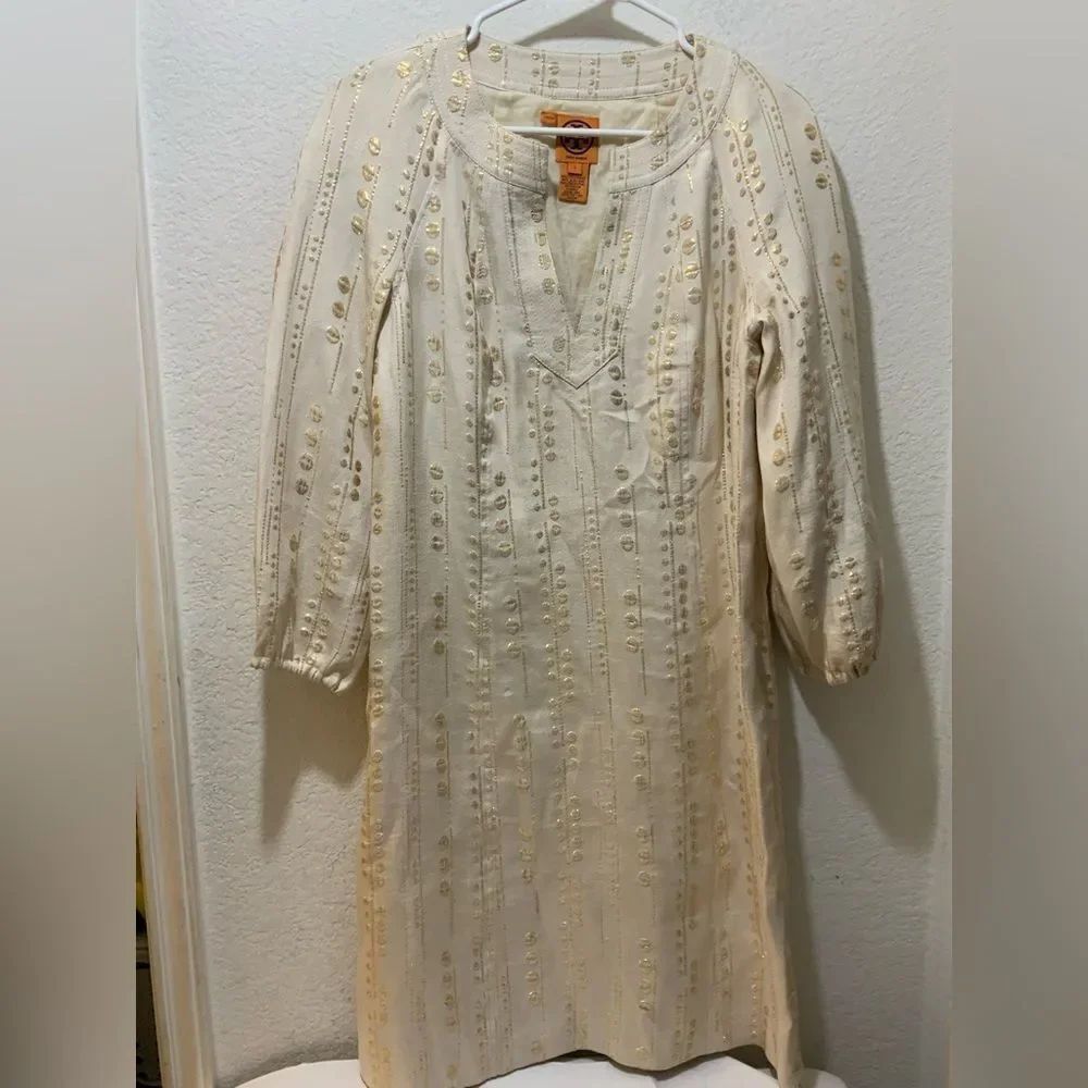 NWOT Tory Burch Ivory and Gold Threaded Tunic silk blend Dress size 6